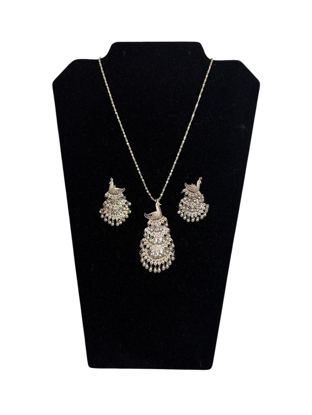 Vintage Silver Tone Peacock Necklace & Earrings Set Filigree Statement Jewelry
